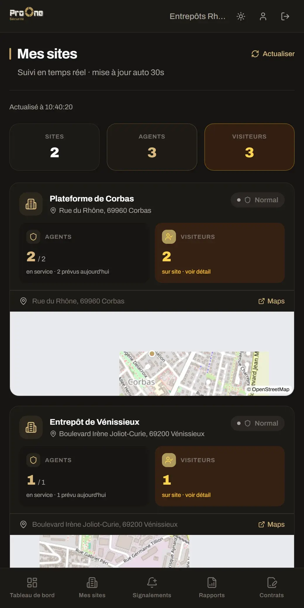 Écran Mes sites du portail : visiteurs présents et agents en service sur chaque site
