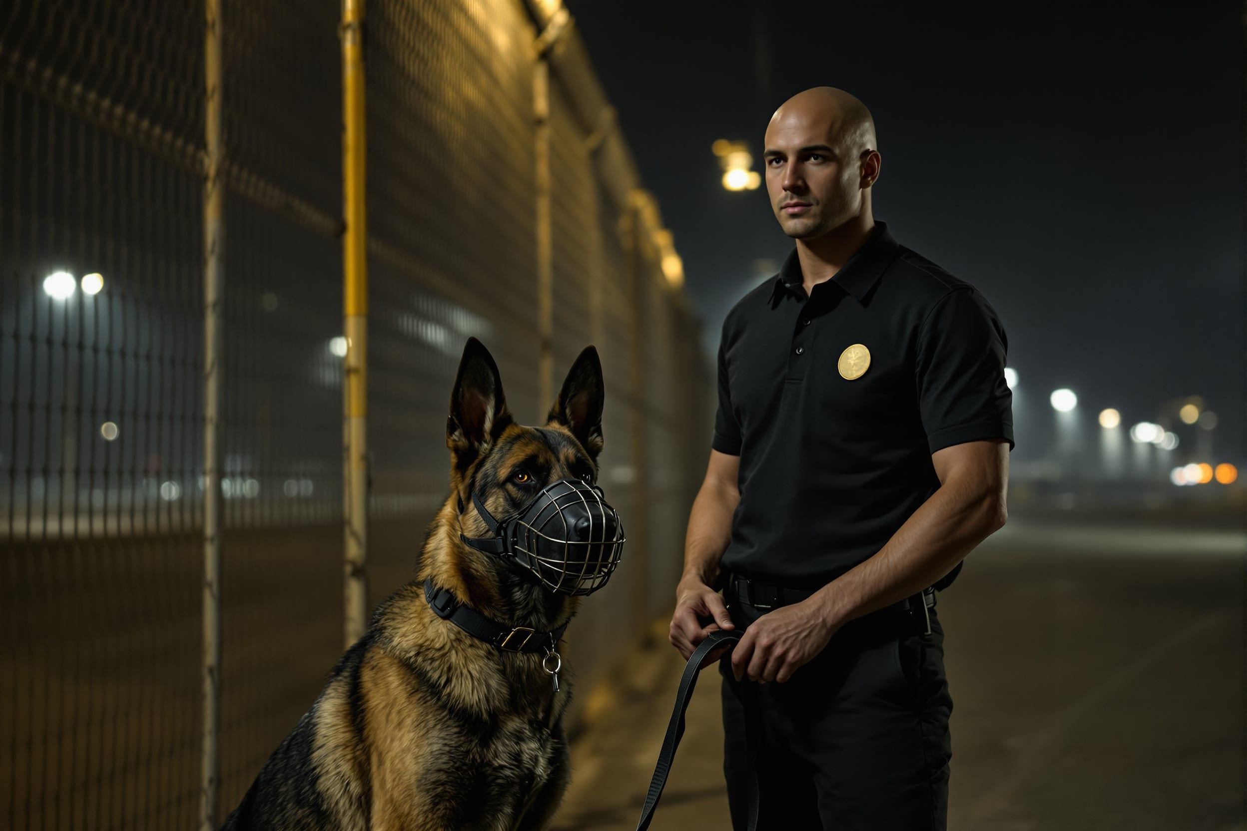Maître-chien et son berger le long de la clôture d’un site industriel, de nuit
