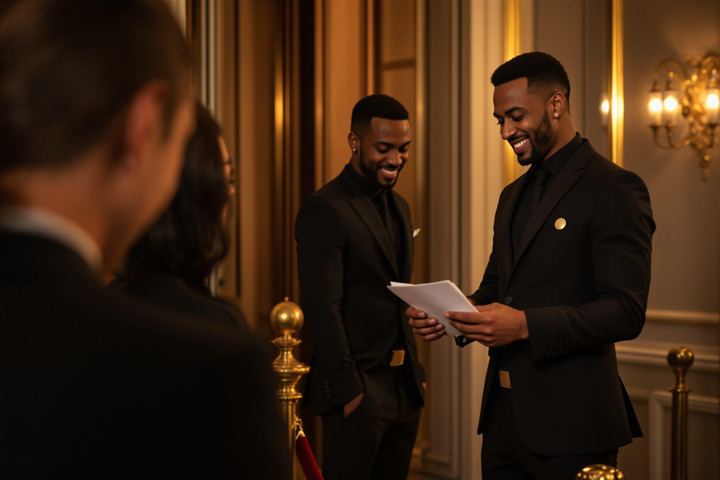 Deux agents en costume accueillant les invités à l’entrée d’une soirée privée