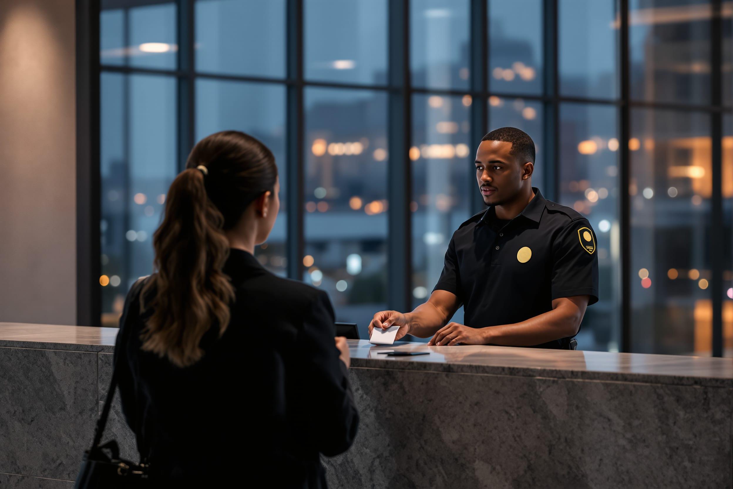 Agent de sécurité à l’accueil d’un immeuble de bureaux remettant un badge à une visiteuse