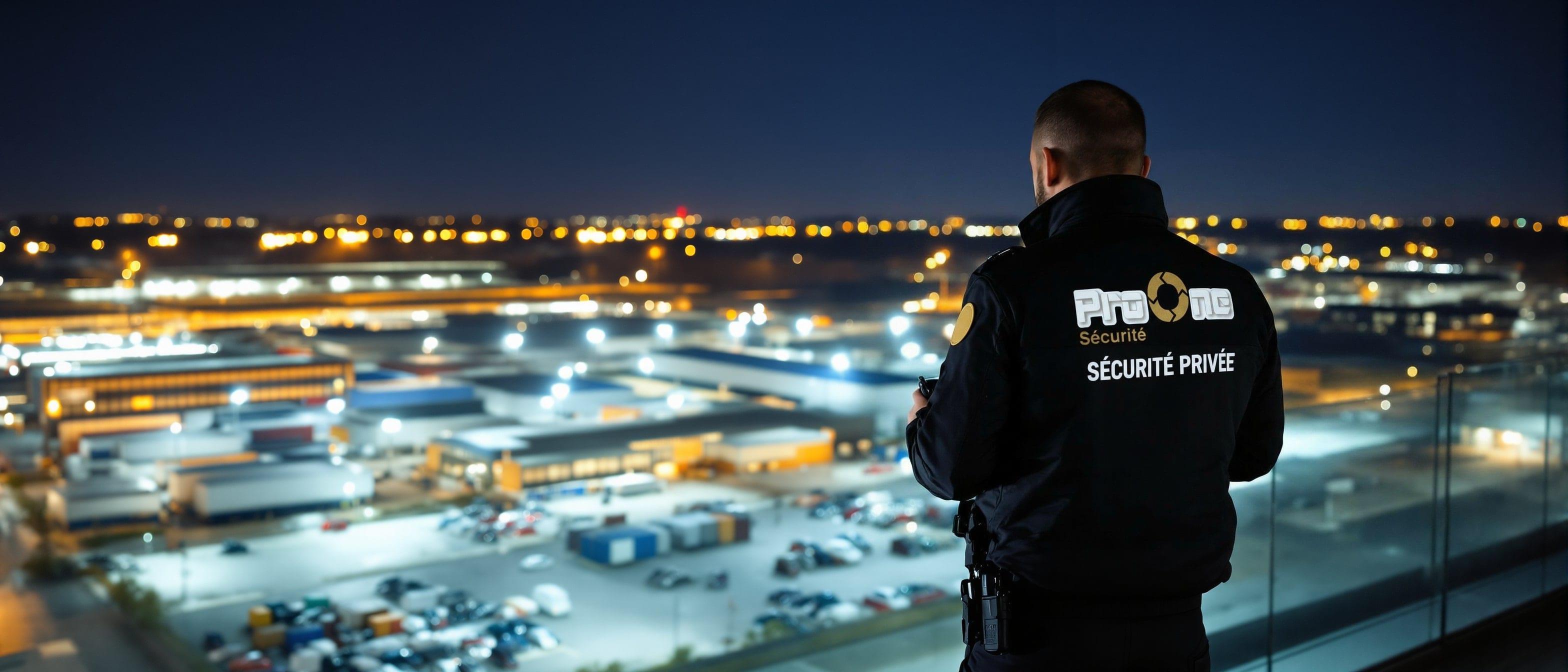 Agent de sécurité vu de dos, radio à la main, qui surveille de nuit un site logistique éclairé