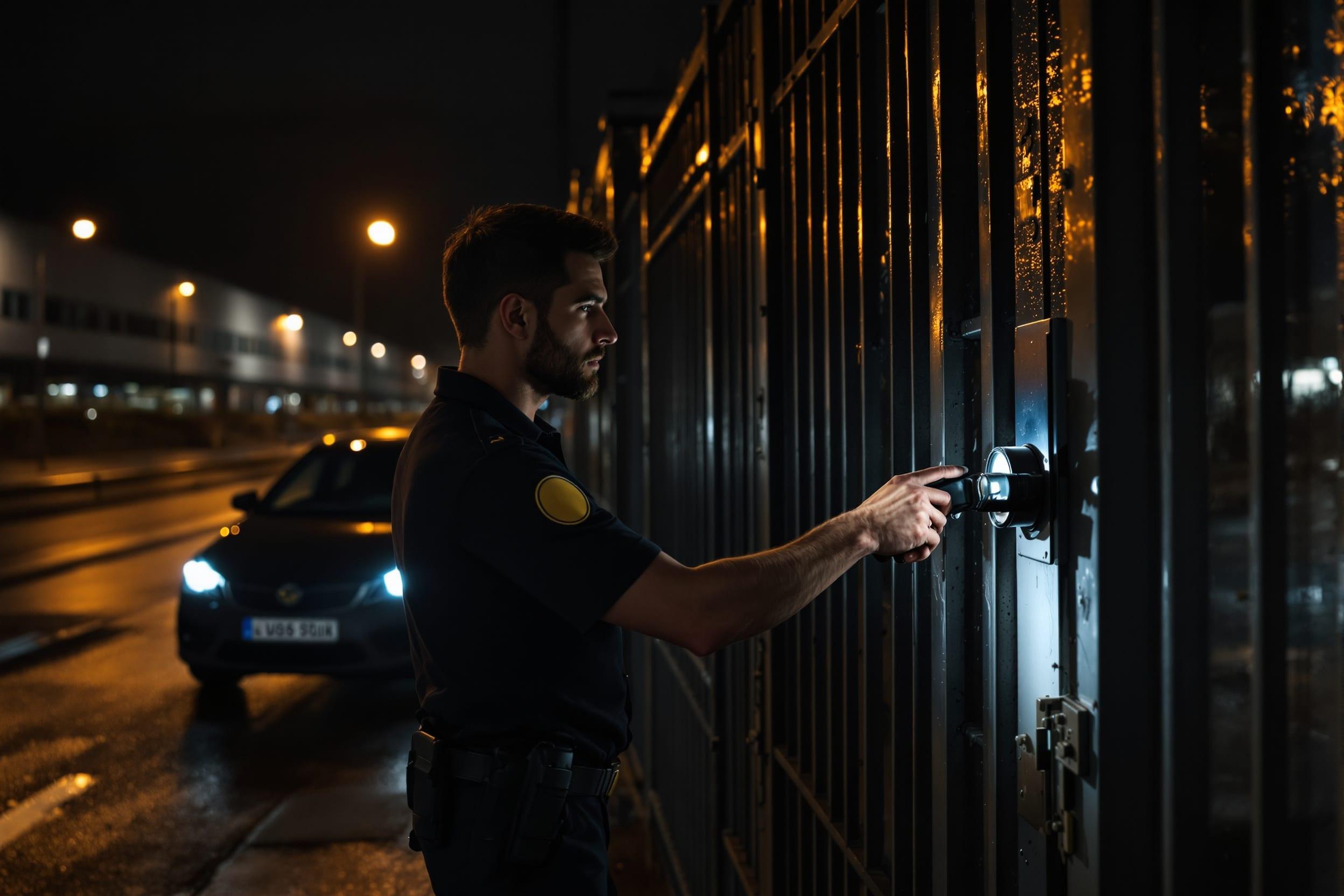 Agent en ronde de nuit contrôlant le portail d’une zone industrielle à la lampe torche
