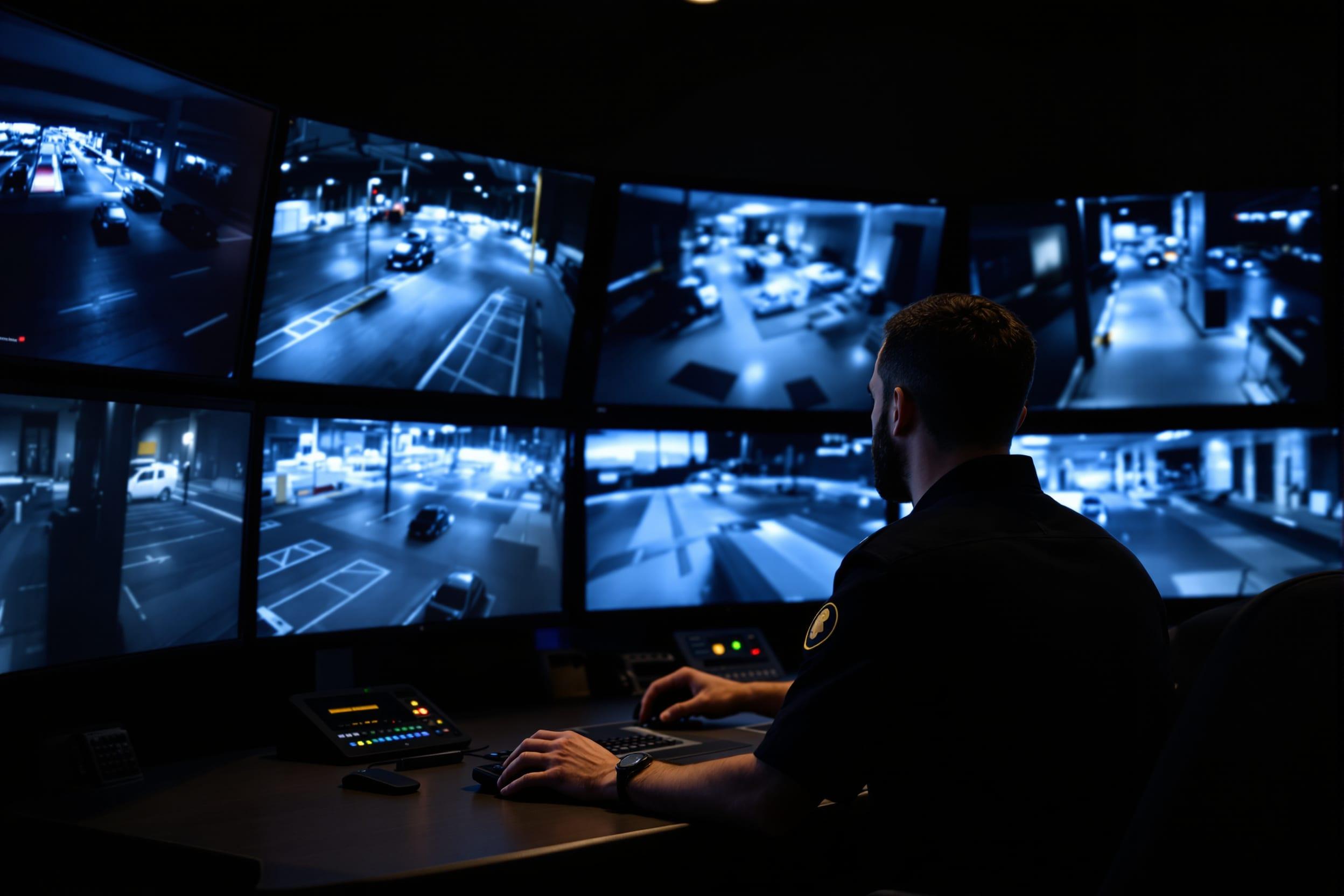 Opérateur devant un mur d’écrans de vidéosurveillance, de nuit